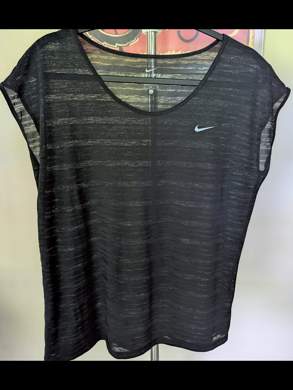 SALE $14 Nike Black Sheer-Striped Dri-FIT Short Sleeve Top Size L